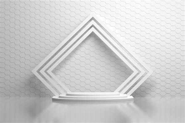 فضای داخلی اتاق سفید با الگوی دیوار شش ضلعی پایه و قاب های مربع چرخیده