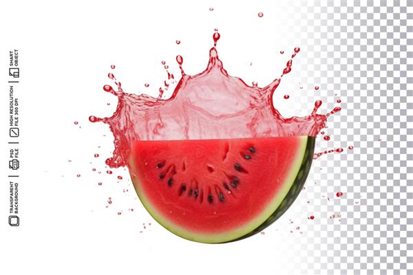 مفهوم مایع پاشش آبدار هندوانه با حرکت مایع قرمز پویا در پس زمینه شفاف