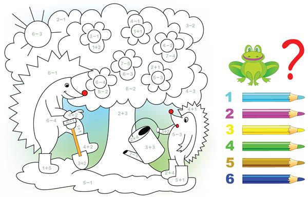 کاربرگ ریاضی جمع و تفریق برای کودکان خردسال نیاز به حل مثال ها و رنگ آمیزی تصویر در رنگ های مربوطه توسعه مهارت های شمارش تصویر برداری