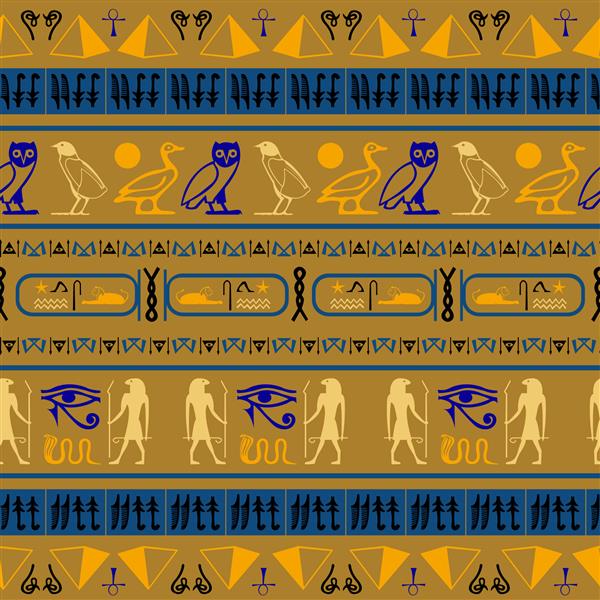 پس زمینه بدون درز نوشتن مصری رنگارنگ شبکه نمادهای زبان مصری هیروگلیف تکرار طرح مد قومیتی برای کاغذ دیواری