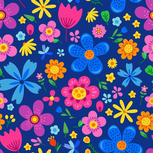 الگوی بدون درز وکتور گل های شگفت انگیز از گل های رنگارنگ روشن به سبک وینتیج زیبا پس زمینه گل های رنگارنگ زیبا بافت بدوی بهاری طراحی مفهوم سبک عامیانه برای چاپ مد