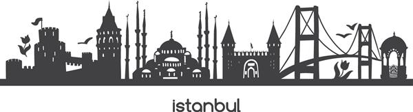 وکتور تصویر افقی استانبول شبح سیاه از نمادها و نشانه های معروف ترکیه عناصر طراحی شده با دست از برج پل تراموا مسجد در ترکیه بنر پانوراما یا طرح چاپی