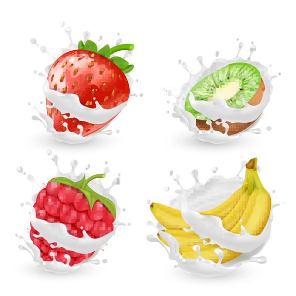مجموعه وکتور میوه های آبدار تابستانی و انواع توت ها در پاشیدن شیر یا خامه جدا شده در پس زمینه غذای طبیعی ارگانیک موز کیوی توت فرنگی و تمشک با ماست کلیپرت برای طراحی بسته