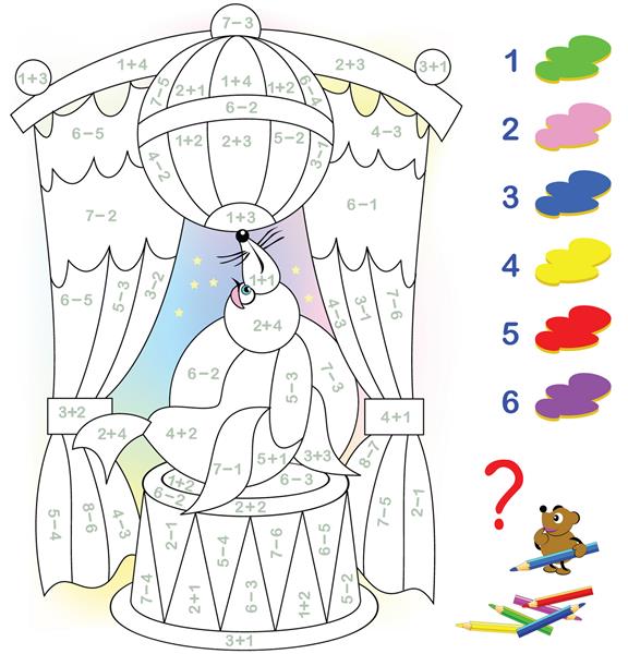 صفحه آموزشی با تمرین جمع و تفریق برای کودکان نیاز به حل مثال ها و رنگ آمیزی تصویر در رنگ های مربوطه توسعه مهارت های شمارش تصویر برداری