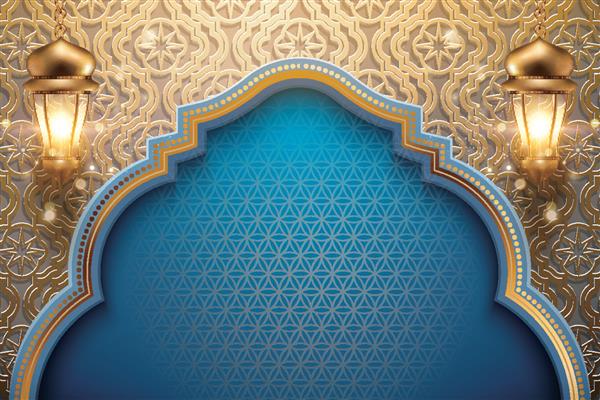 طرح تعطیلات عربی با فانوس‌های طلایی درخشان و پس‌زمینه الگوی گل حک شده تصویر سه بعدی