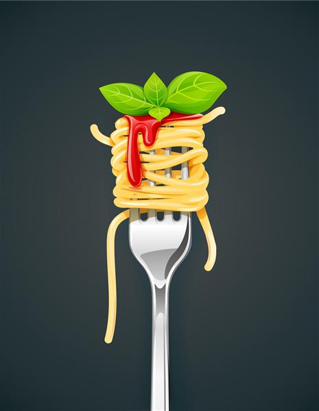 اسپاگتی در چنگال با ریحان و سس پاستا وعده غذایی ارگانیک غذای سنتی ایتالیایی غذا خوردن طبیعی پختن ناهار طرح ماکارونی پس زمینه تیره تصویر برداری EPS10