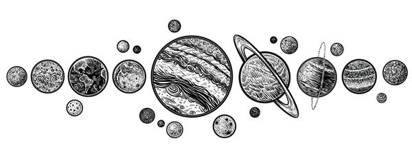 سیارات در منظومه شمسی تصاویر وکتوری با دست کشیده شده است هنر خطی با سبک حکاکی
