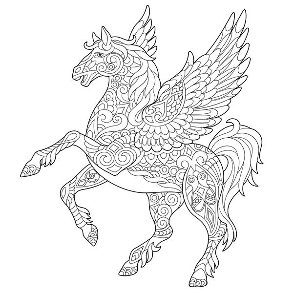پگاسوس - اسب بالدار اساطیری یونانی در حال پرواز است صفحه رنگ آمیزی کتاب رنگ آمیزی طراحی طرحی با دست آزاد ضد استرس با عناصر doodle و zentangle