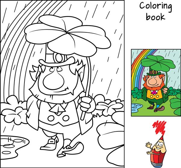 لپرکان بامزه که برگ شبدر را مانند چتر در دست گرفته است کتاب رنگ آمیزی تصویر برداری کارتونی