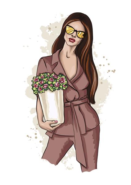 زن جوان زیبا جعبه ای با گل در دست دارد زن مد با لباس های شیک و عینک آفتابی ژست مدل لباس طرح طراحی شده با دست تصویر برداری از مد