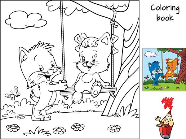 درختی با تاب و دو گربه کوچک شاد کتاب رنگ آمیزی تصویر برداری کارتونی