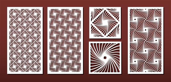 پانل های برش لیزری با الگوی هندسی انتزاعی مجموعه وکتور الگو یا شابلون برای برش فلز کنده کاری روی چوب فرت و هنر کاغذ مفید در طراحی داخلی دکوراسیون کارت
