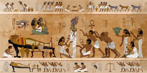 مصر باستان فرآیند مومیایی کردن مفهوم دنیای بعدی تابوت فرعون خدایان مصری اساطیر کنده کاری های هیروگلیف نقاشی دیواری تاریخی مقبره پادشاه توتانخ آمون