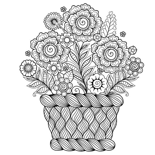 وکتور صفحه رنگ آمیزی سیاه و سفید برای بزرگسالان برای آرامش و خلاقیت گل‌های تزئینی آداب و رسوم و برگ‌های تزئینی در سبدی از جزئیات ظریف بسیار کوچک