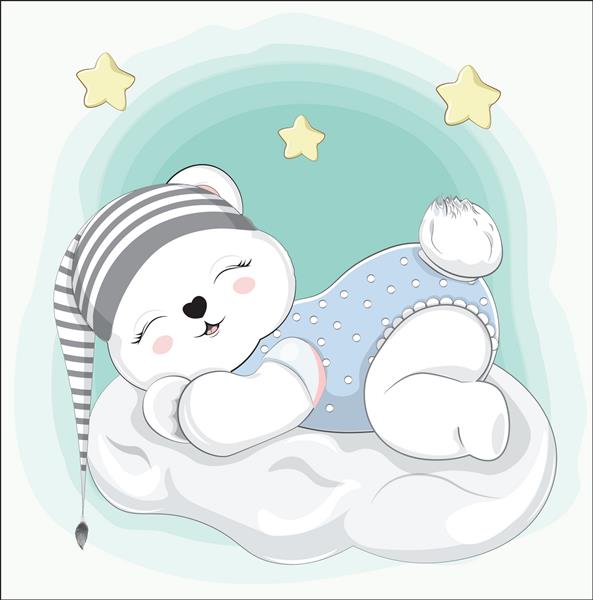 خرس عروسکی پسر بچه خوابیده روی ابر با کلاه راه راه سبک طراحی عکس در دست برای حمام نوزاد کارت تبریک دعوت به مهمانی چاپ تی شرت لباس مد