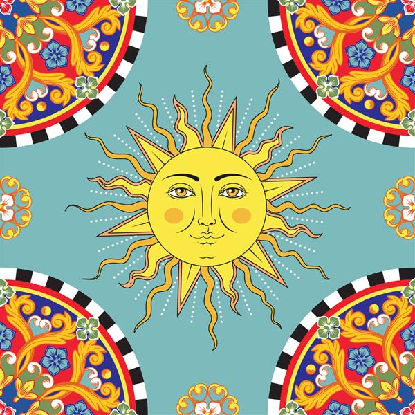 پس زمینه روشن بدون درز ماندالای زینتی گرد قومی رنگارنگ خورشید با نماد چهره انسان الگوی مد روز تصویر برداری