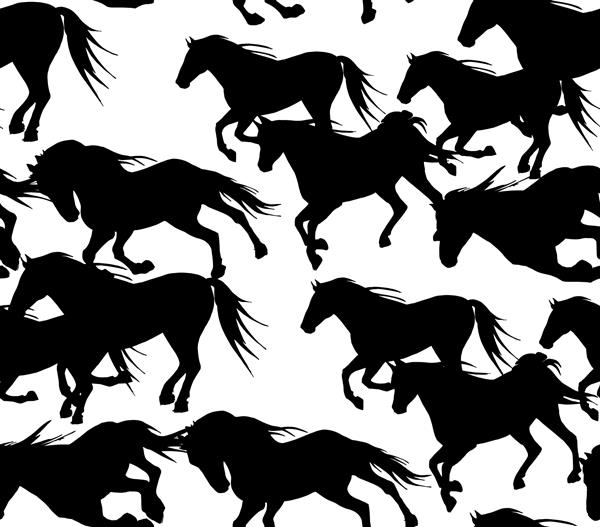 الگوی کاغذ دیواری بدون درز اسب های زیبا در حال دویدن ترکیب نساجی چاپ به سبک دستی تصویر برداری سیاه و سفید