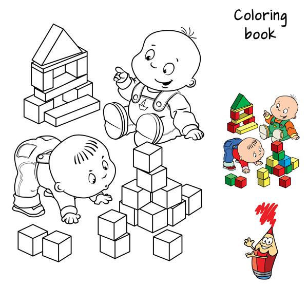 دو کودک نوپا در حال بازی روی زمین کتاب رنگ آمیزی تصویر برداری کارتونی