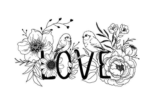 نماد عشق با پرندگان جذاب گل ها شاخه ها و برگ ها طراحی تصویر گل وکتور نشان عاشقانه