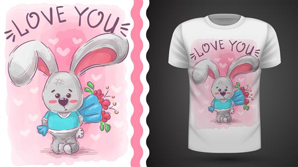خرگوش با گل - ایده برای چاپ تی شرت نقاشی با دست