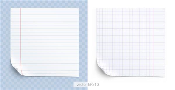 مجموعه وکتور استیکر با بافتی از دفترهای مدرسه کاغذ خط و مربع آیکون های خالی ماکت خالی برای یادداشت ها و برنامه های آموزشی قاب با گوشه تا شده