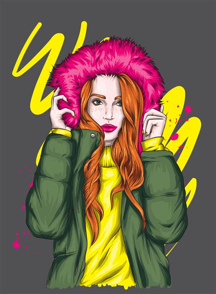 دختری زیبا با موهای بلند با ژاکت گرم و کلاه خزدار مد و استایل لباس و اکسسوری پاییز و زمستان تصویر برداری برای کارت یا پوستر هیپستر