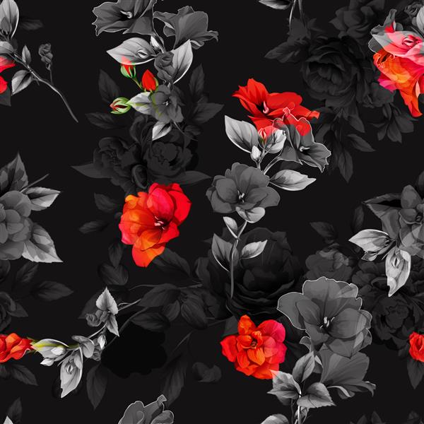 الگوی پس زمینه گل بدون درز گل های انتزاعی آماریلیس شاخه هایی با برگ های سیاه الگوی برای چاپ پارچه پارچه و سایر اهداف اثر هنری طراحی شده با دست کاغذ دیواری وکتور