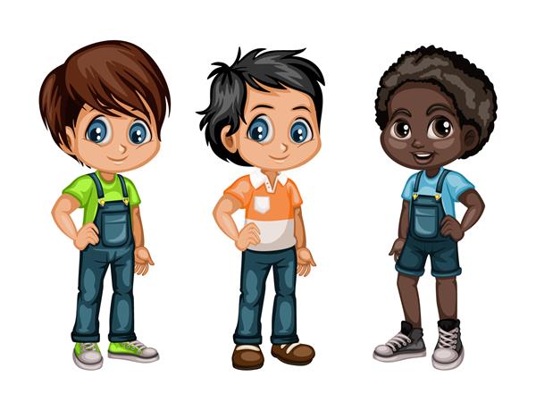 مجموعه ای از پسران خوش تیپ ناز در لباس های شیک تصویر کارتونی سه شخصیت بچه شاد جدا شده در پس زمینه سفید