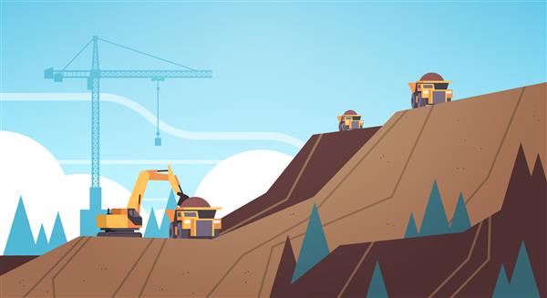 تجهیزات حرفه ای کار بر روی تولید معدن زغال سنگ صنعت استخراج معدن مفهوم حمل و نقل معدن سنگ باز پس زمینه کوه افقی صاف