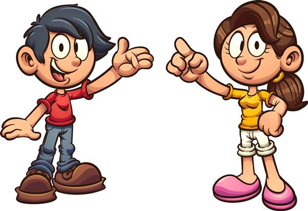 کلیپ کارتونی دختر و پسر ایستاده و خندان تصویر برداری با شیب ساده هر کدام در یک لایه جداگانه