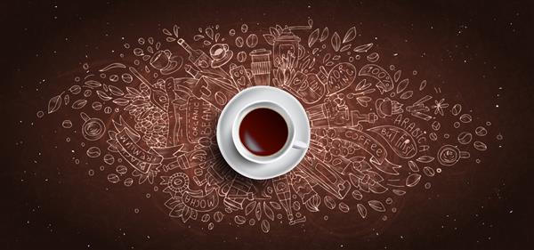 مفهوم تصویر شده با گچ قهوه در پس زمینه تخته سیاه - فنجان قهوه سفید نمای بالا با تصویر ابله گچی درباره قهوه دانه ها صبح اسپرسو در کافه صبحانه وکتور قهوه صبح