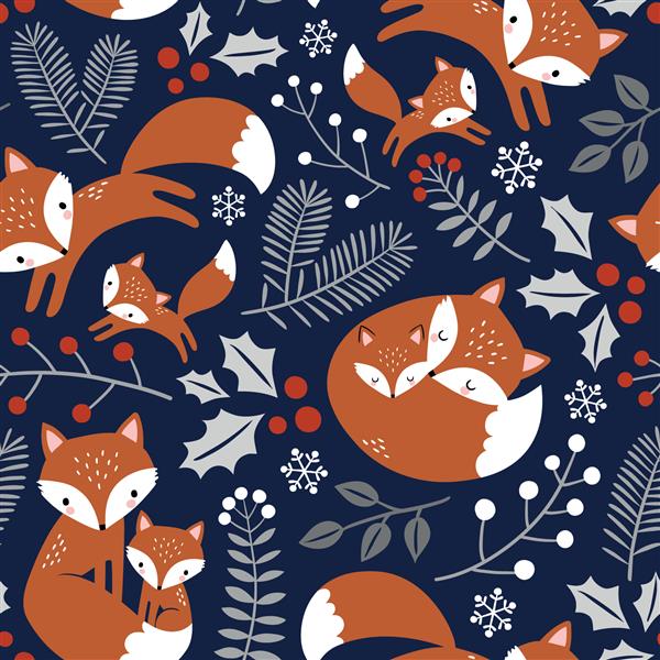 الگوی وکتور بدون درز با خانواده روباه با دست زیبا برگ‌ها و دانه‌های برف ایده آل برای طراحی پارچه کاغذ دیواری یا چاپ