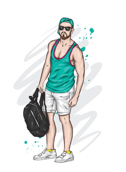 یک پسر خوش تیپ با شلوارک و تی شرت مردی اسپرت با لباس تابستانی تصویر برداری برای کارت پستال یا پوستر
