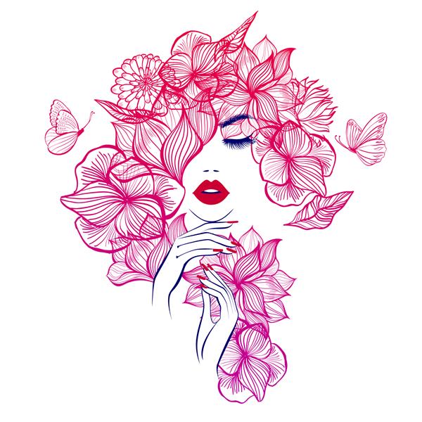 صورت زن زیبا لب های قرمز دست با ناخن های مانیکور قرمز لوگوی زیبایی تصویر برداری گل های دیادم پروانه ها انگیزه گل گل های انتزاعی سالن آبگرم علامت نماد استودیو ناخن