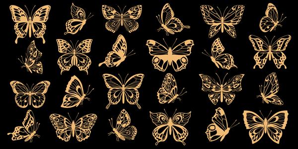 سیلوئت های طلایی پروانه ها را تنظیم کنید عنصر طراحی انتزاعی تزئینی تصویر برداری