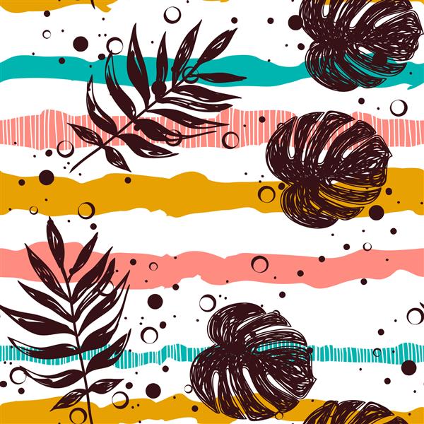 برگ های استوایی کشیده شده روی یک پس زمینه راه راه طرح بدون درز نوارهای رنگی با چاپ گل الگوی تابستانی گرمسیری پارچه‌ای در زمینه سفید چاپ پارچه قومی با برگ های استوایی