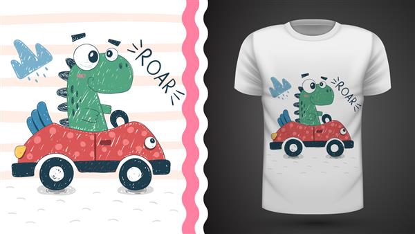 دینو زیبا با ماشین - ایده برای چاپ تی شرت نقاشی با دست