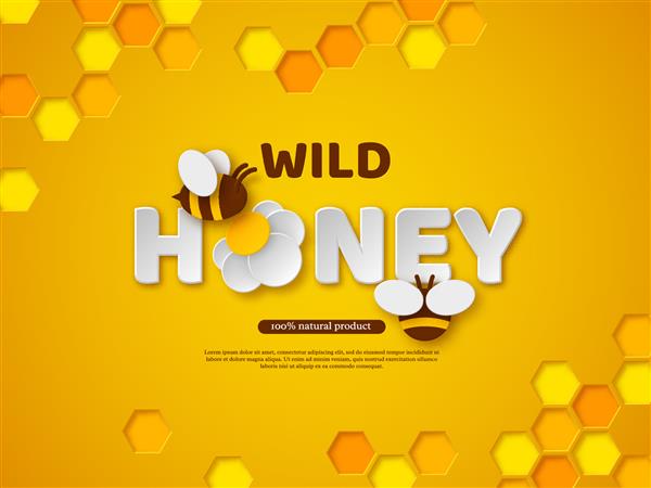 زنبور عسل به سبک برش کاغذ با لانه زنبوری طراحی تایپوگرافی برای محصول زنبورداری و عسل پس زمینه نارنجی تصویر برداری