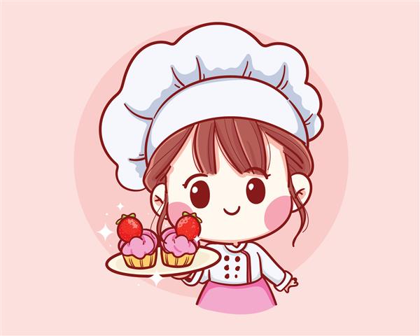 دختر ناز آشپز نانوایی که کیک توت فرنگی خندان را در دست دارد آرم تصویر هنری کارتونی وکتور ممتاز