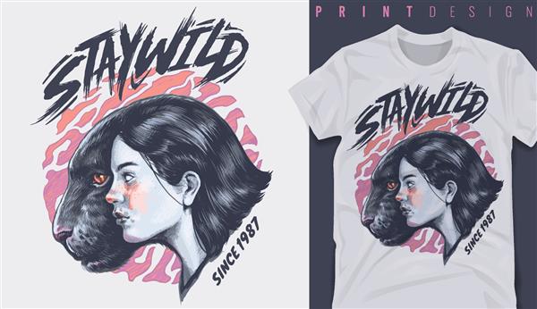 طرح گرافیکی تی شرت شعار Stay wild با سر پلنگ و دختر تصویر برداری برای تی شرت