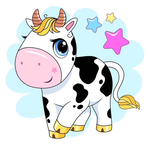 گاو کارتونی ناز تصویر برداری با گاو نر نماد سال نو چینی 2021 - گاو خنده دار