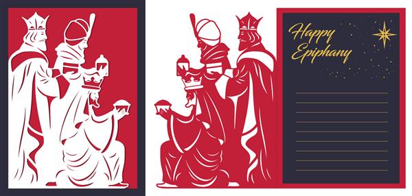 قالب ناوبری برش لیزری طرح کارت آخور سه عاقل 3 پادشاه جادویی که برای عیسی هدیه می آورند طراحی هنری Die cut کارت تاشو روز عید مبارک تصویر برداری برش کاغذ