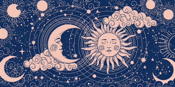 بنر جادویی برای طالع بینی فال جادو دستگاه کیهان هلال ماه و خورشید با ماه در زمینه آبی تصویر برداری باطنی الگو