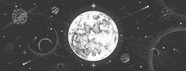 کارت جادوگری جادویی مدرن با ماه طالع بینی در پس زمینه فضای بیرونی تصویر برداری واقعی با دست طراحی ماه کامل