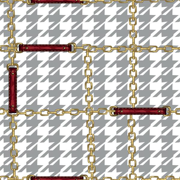 الگوی با زنجیرهای طلایی پای د پول و کمربندهای چرمی قرمز کاغذ دیواری بدون درز قدیمی مناسب برای نساجی