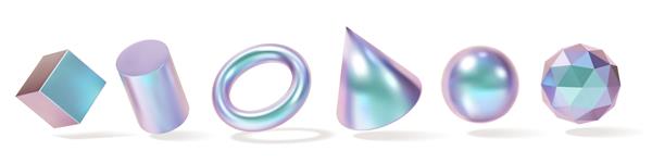 مجموعه اشکال هندسی رنگین کمانی شی فلزی چند رنگ هولوگرام سه بعدی مدرن طراحی شیب نئون آینده نگر مفهوم برداری