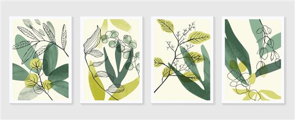 مجموعه وکتور هنر دیوار گیاه شناسی طراحی هنری خط شاخ و برگ بوهو رنگ آب با شکل انتزاعی طراحی انتزاعی گیاهی برای چاپ جلد کاغذ دیواری هنر دیواری مینیمال و طبیعی