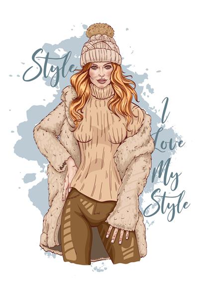 دختر مد با لباس های شیک کت خز و کلاه ژست زن جوان زیبا لباس های مد روز برای زمستان طرح طراحی شده با دست تصویر برداری