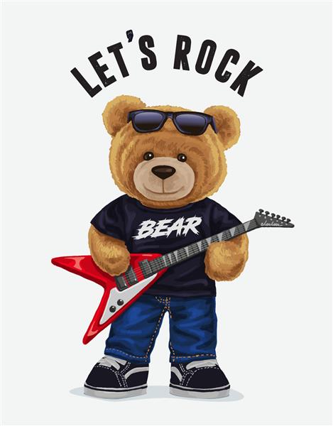 بیایید راک شعار با اسباب بازی خرس در حال نواختن گیتار تصویر برداری برای تی شرت