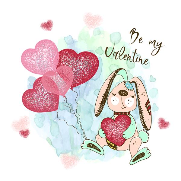 کارت تبریک روز ولنتاین با یک اسم حیوان دست اموز بامزه با بادکنک و قلب ولنتاین من باش بردار